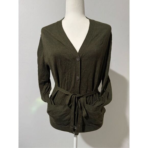 J. Crew olive green 100% merino Wool cardigan tie sweater S button front - Picture 1 of 7